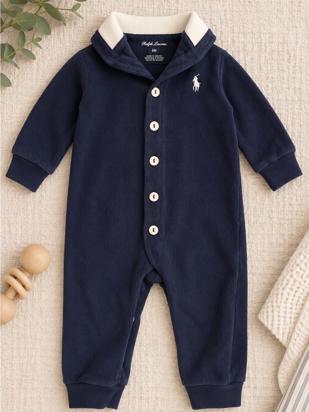 Ralph Lauren Baby Boys Navy Blue Polo Romper Coverall 9 Month Cream Collar